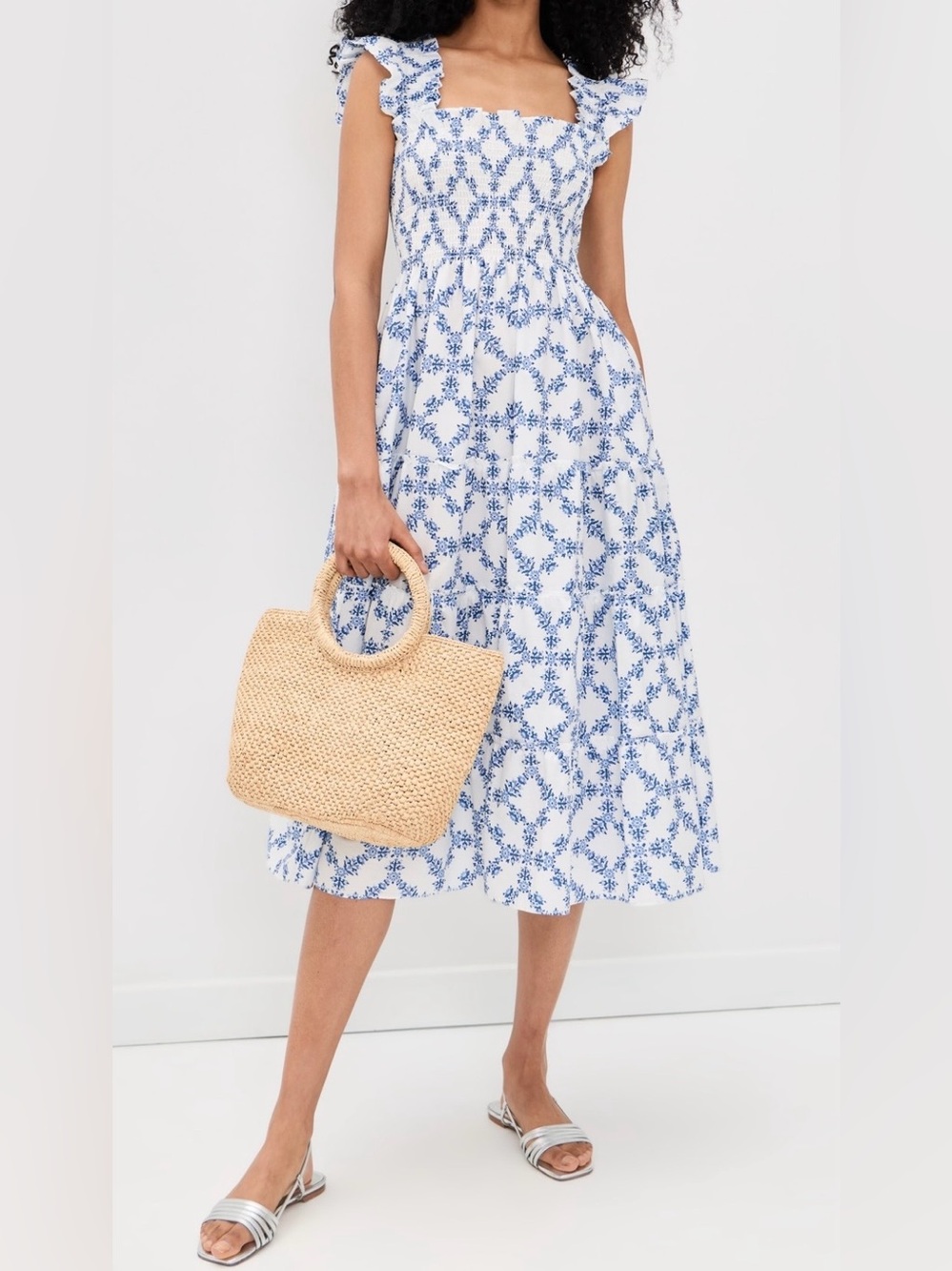 Hill House Maxi Dress in White and Blue Tile Print